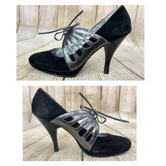 Calvin Klein Lace Up Heels Pumps Retro Pinup Sz 8M Black Silver Suede Leather - Picture 3 of 8